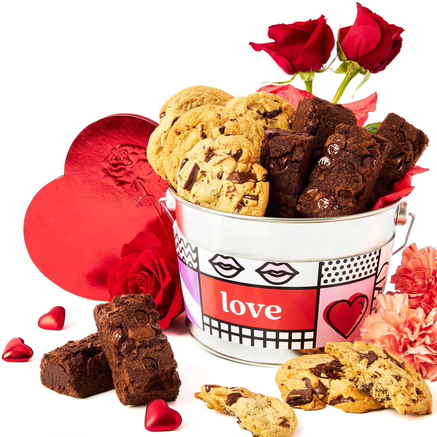 David s Cookies and Brownies Gift Bucket Sampler - 1.3Lbs Assorted Gourmet with Chocolate Chip Brownies and Chocolate Chunk Cookies in a Love Tin Bucket, Thoughtful Gifts For Her Him