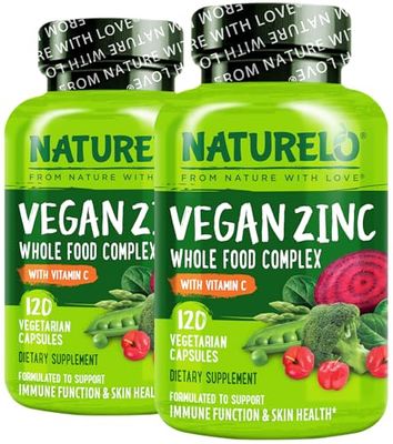 NATURELO Vegan Zinc Immune Support Capsules - Whole Food Complex with Vitamin C for Healthy Skin, Hair, and Nails - 120 Capsules Pack of 2