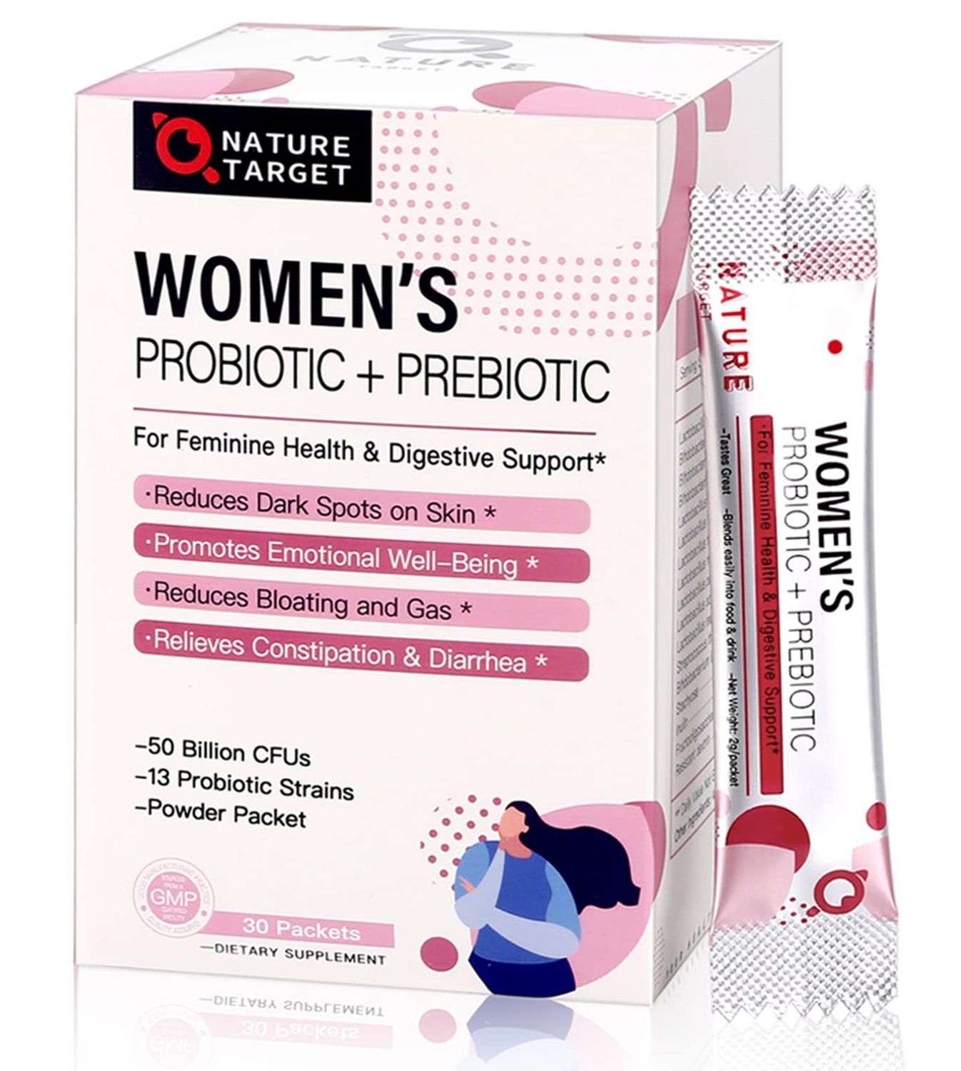 NATURE TARGET Probiotics for Women Probiotic Powder Supplement - Prebiotics and Probiotics for Digestive Health and Immune Support 30 Individual Stick Bags