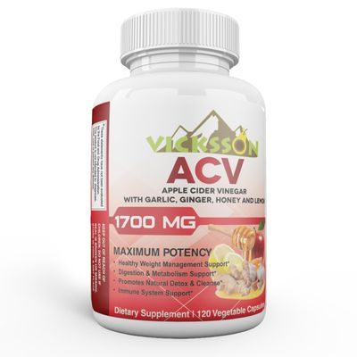 Vicksson Apple Cider Vinegar Pills 1700 mg of ACV with Garlic, Ginger, Lemon Honey for Weight, Detox, Cleanse, Appetite, Bloating, Metabolism Immune Support 120 Capsules