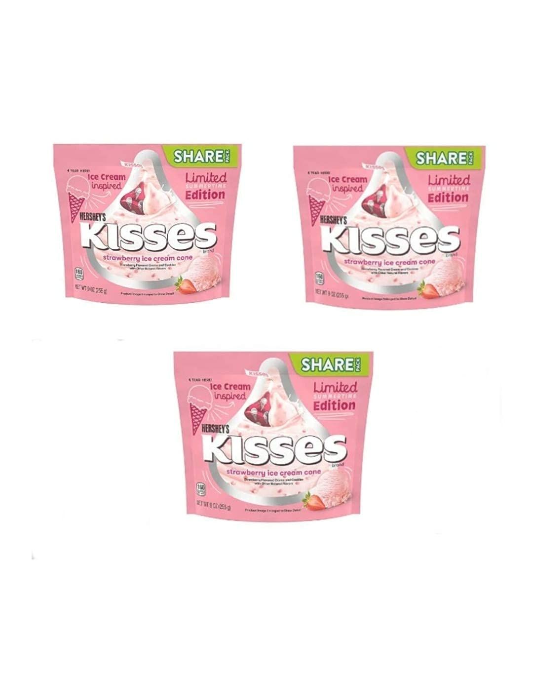 Hersheys Kisses Strawberry Ice Cream Cone Candy Share Bag Limited Summertime Edition 9 Oz, Pack of 3