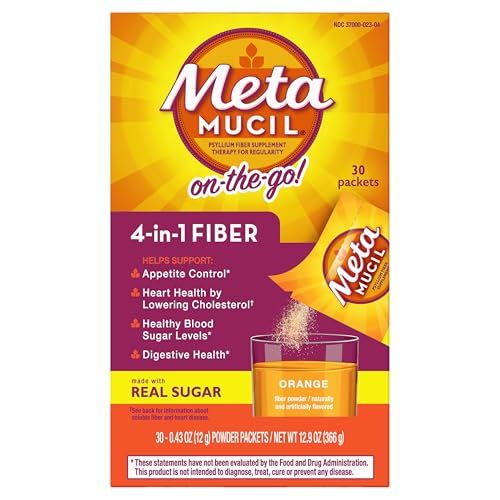 Metamucil On-the-Go, Daily Psyllium Husk Powder Supplement with Real Sugar, 4-in-1 Fiber for Digestive Health, Orange Smooth Flavored Drink, 2 pack x 30 count 60 Packs Total