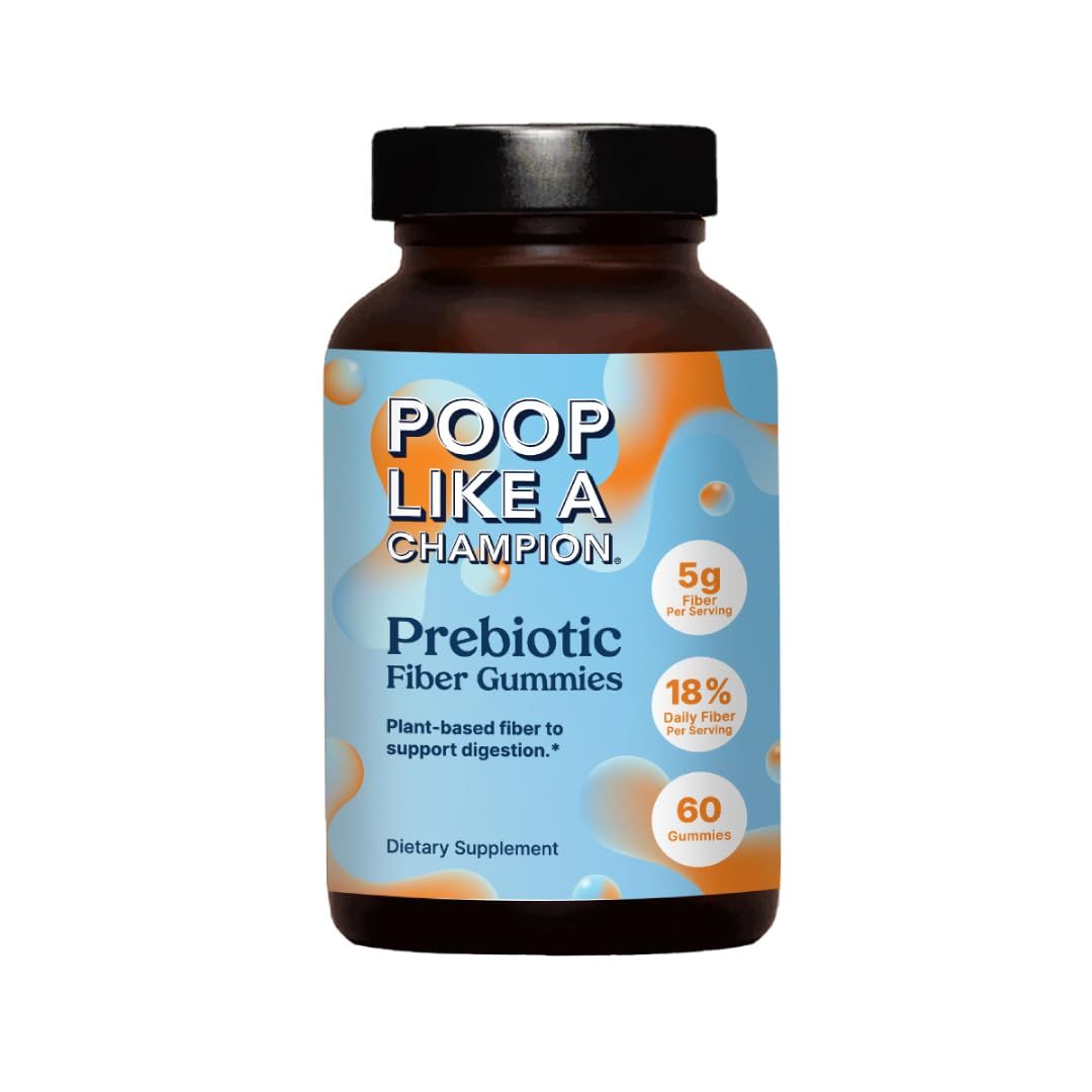 Poop Like a Champion Fiber Gummies - 5g Fiber per Serving, Non-GMO, Vegan, Digestive Support, 60 Pieces per Bottle