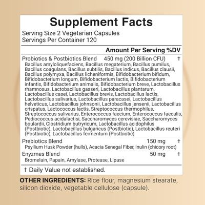 NatureBell Probiotics 200 Billion CFU Per Serving 240 Veggie Capsules with Synbiotic Blend of Digestive Enzymes, Prebiotics, Postbiotics - 40 Strains - Full-Spectrum Gut Health Bloating Support