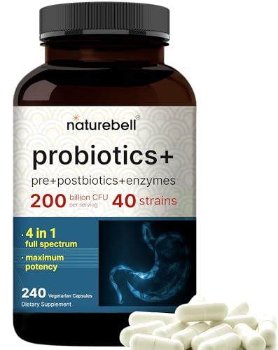 NatureBell Probiotics 200 Billion CFU Per Serving 240 Veggie Capsules with Synbiotic Blend of Digestive Enzymes, Prebiotics, Postbiotics - 40 Strains - Full-Spectrum Gut Health Bloating Support