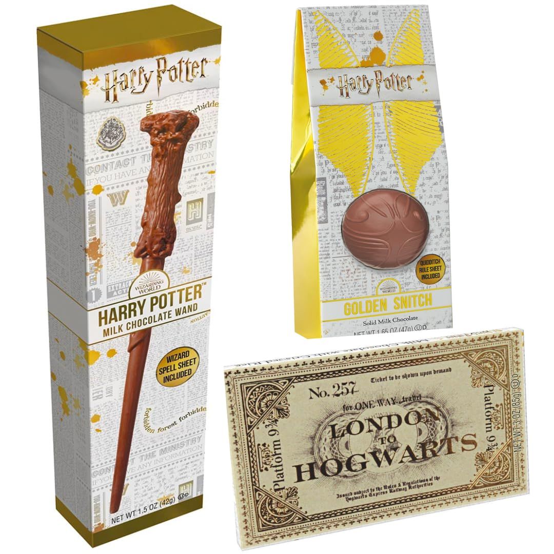 Jelly Belly Harry Potter Chocolates - Gift Pack of 3 - Chocolate Wand, Chocolate Golden Snitch, Platform 9 34 Ticket Chocolate Bar by Lyzas Sweets Treats