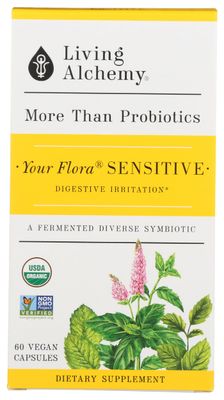 Your Flora Probiotic Sensitive - Non-GMO Probiotics with Fermented Soybean, Lemon Balm, Peppermint for Gut Balance Digestion - Prebiotics, Postbiotics, Daily Capsules - Living Alchemy, 60 Pcs