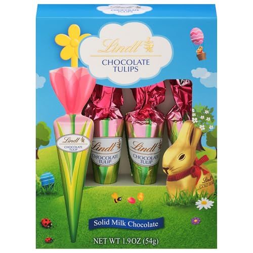 Lindt Chocolate Tulips, Tulip-Shaped Solid Milk Chocolate Easter Candy on a Stick, 4 Pack