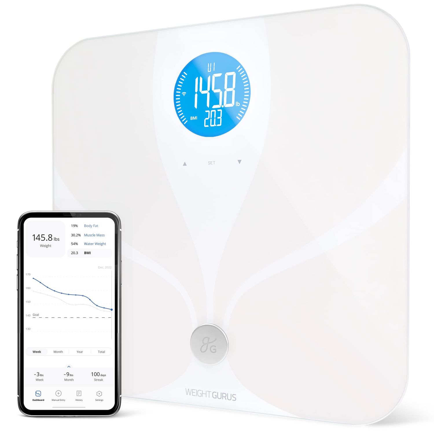 Greater Goods WiFi Premium Smart Scale Measures and Tracks Weight, BMI, Muscle Mass, Water Weight, Bone Density and Body Fat