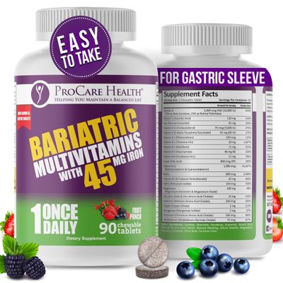 Procare Health Bariatric Multivitamin with Iron 45mg Chewable 90 Tablets - Fruit Punch Flavor Bariatric Multivitamin Chewable Pills for Gastric Bypass Sleeve Gastrectomy Patients 03 Month Supply