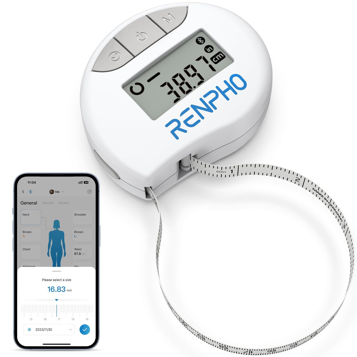 RENPHO Body Measuring Tape, Smart Tape Measure for Weight Loss, Bluetooth Fitness Equipment with App, Measuring Waist, Hip, Bust, Arms, Muscle Gain, Retractable, 60in 150cm, White