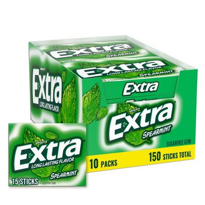 EXTRA Spearmint Sugarfree Chewing Gum, 15 Pieces Pack of 10