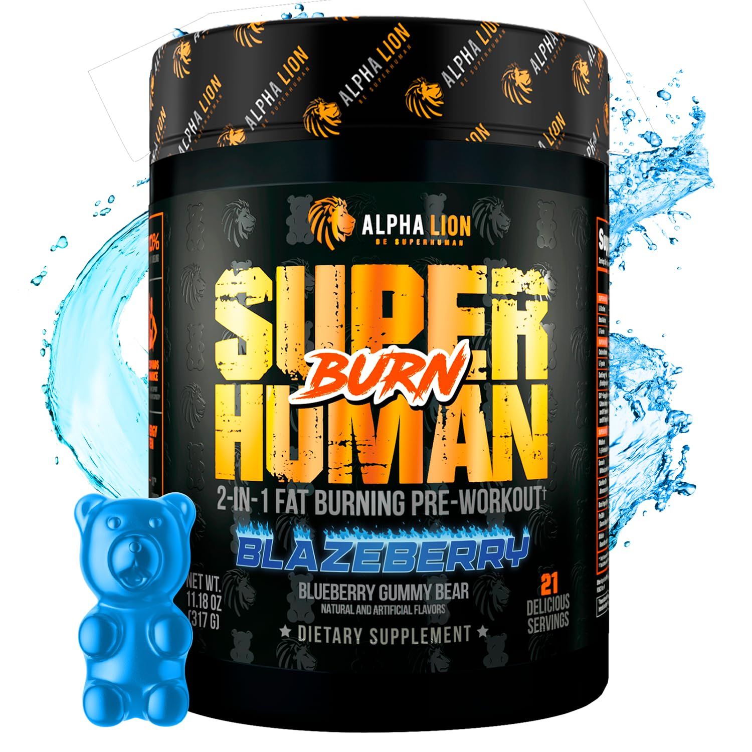 ALPHA LION Superhuman Burn 2-in-1 Metabolism Booster Pre Workout, Weight Loss Supplement, Appetite Suppressant, Fat Loss Support, Energy Focus Powder 21 Servings, Blue Gummy Bear Flavor