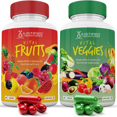 Set of 2 Vital Fruits and Veggies Supplement Red Green Superfoods Whole Food Non GMO Vegan Friendly 180 Veggie Capsules 2 Bottles