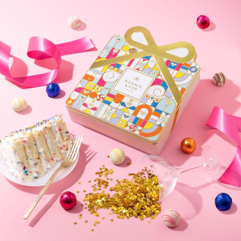 Birthday Chocolate Gift Basket, Candy Food Gifts Arrangement Platter, Gourmet Snack Gift Bow Tin Box, Bday Present Idea, Him &amp; Her, Men Women Family Parties- 12 Gourmet Truffles- Bonnie &amp; Pop