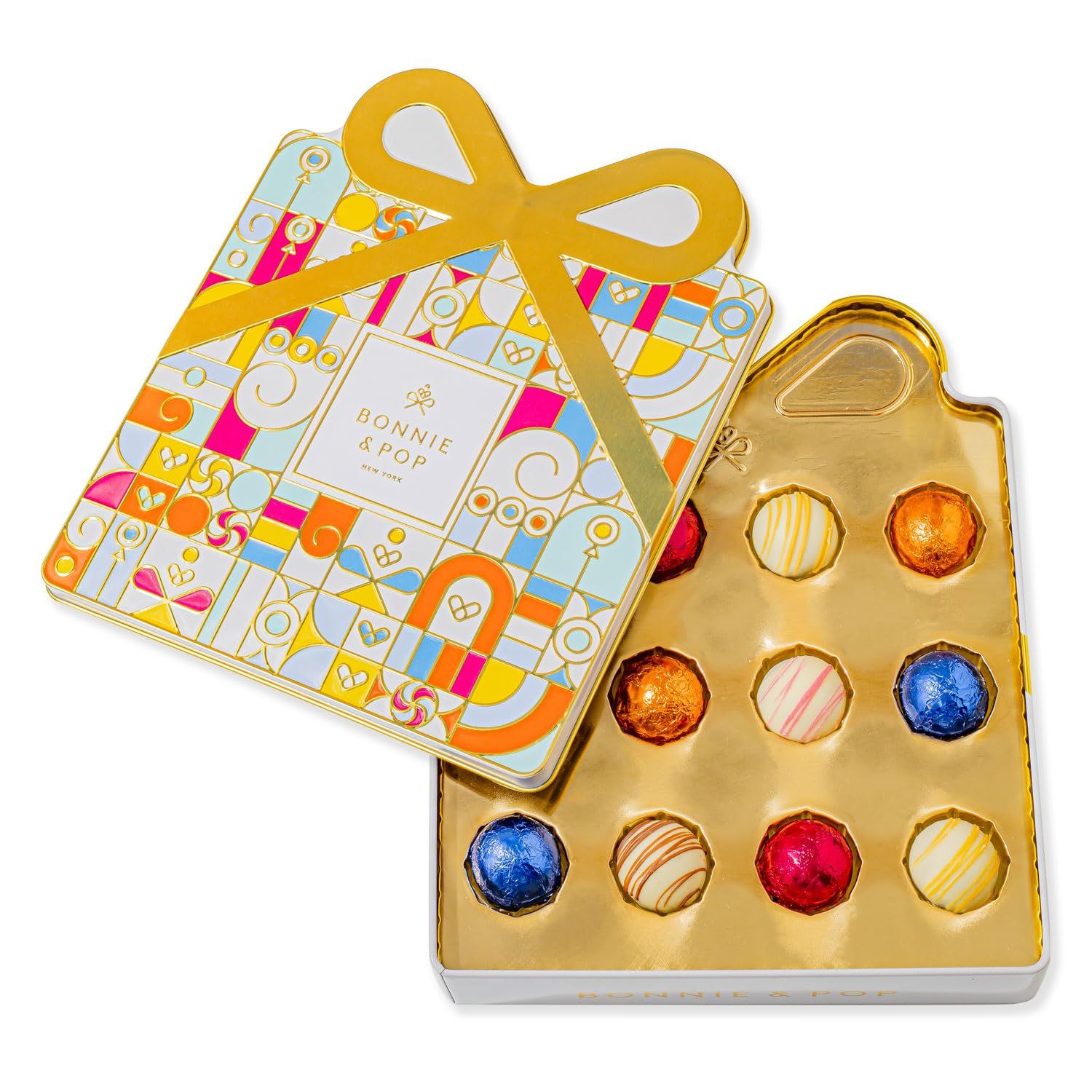 Birthday Chocolate Gift Basket, Candy Food Gifts Arrangement Platter, Gourmet Snack Gift Bow Tin Box, Bday Present Idea, Him &amp; Her, Men Women Family Parties- 12 Gourmet Truffles- Bonnie &amp; Pop