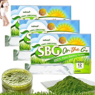 SBG Salveo Barley Grass, Salveo Barley Grass Powder, SBG ON The GO, 100 Pure Salveo Well Organic Barley Grass Juice Powder, Brought to Your Pure Health, Excrete Body Waste in Just 2 Weeks3boxs