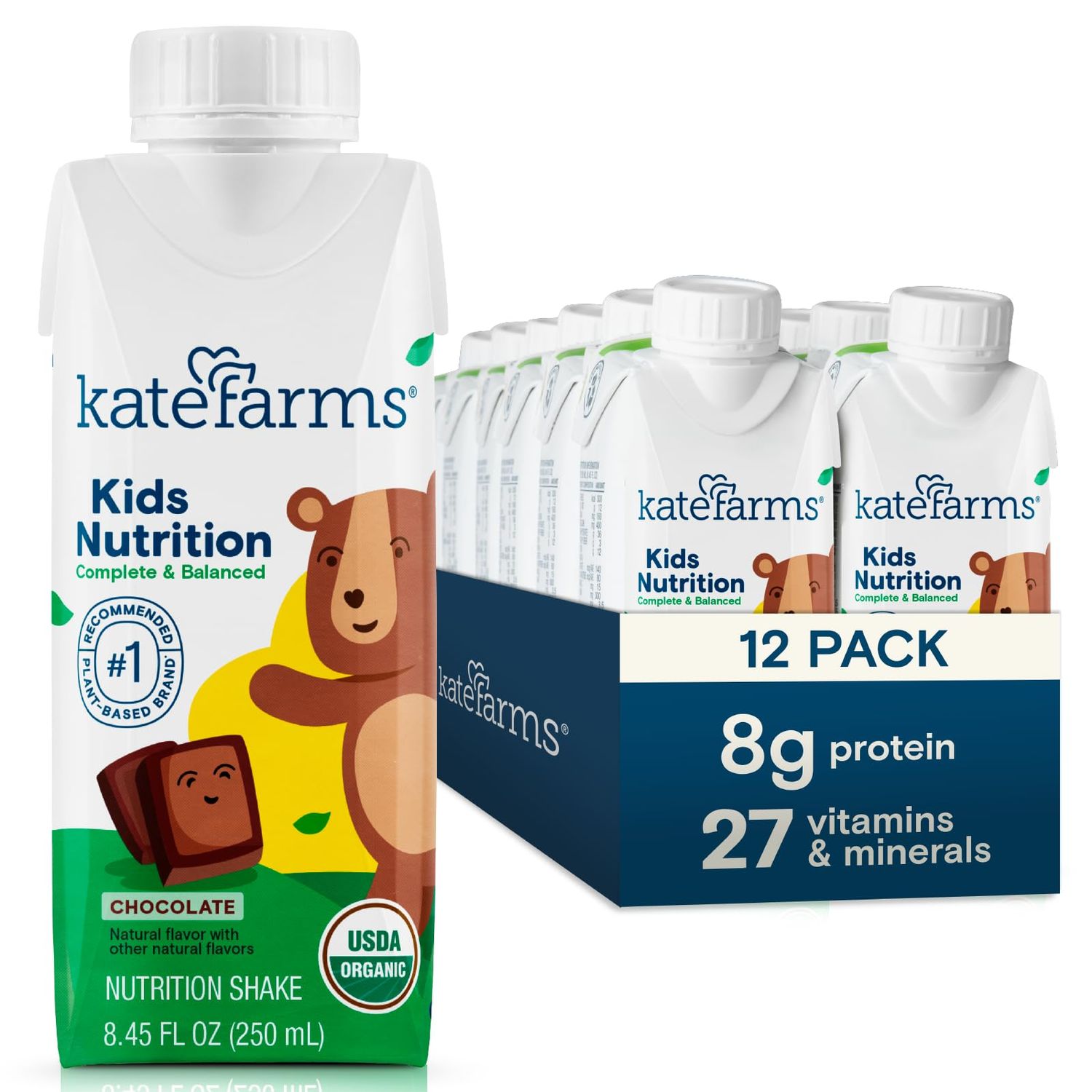 KATE FARMS Organic Kids Nutrition Chocolate Shake, 8g Protein, 27 Vitamins and Minerals, Meal Replacement, Gluten Free, Non-GMO, 8.45 oz 12 Pack