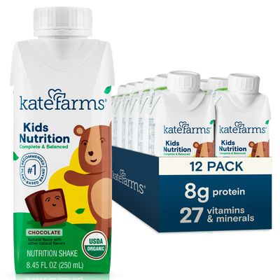 KATE FARMS Organic Kids Nutrition Chocolate Shake, 8g Protein, 27 Vitamins and Minerals, Meal Replacement, Gluten Free, Non-GMO, 8.45 oz 12 Pack