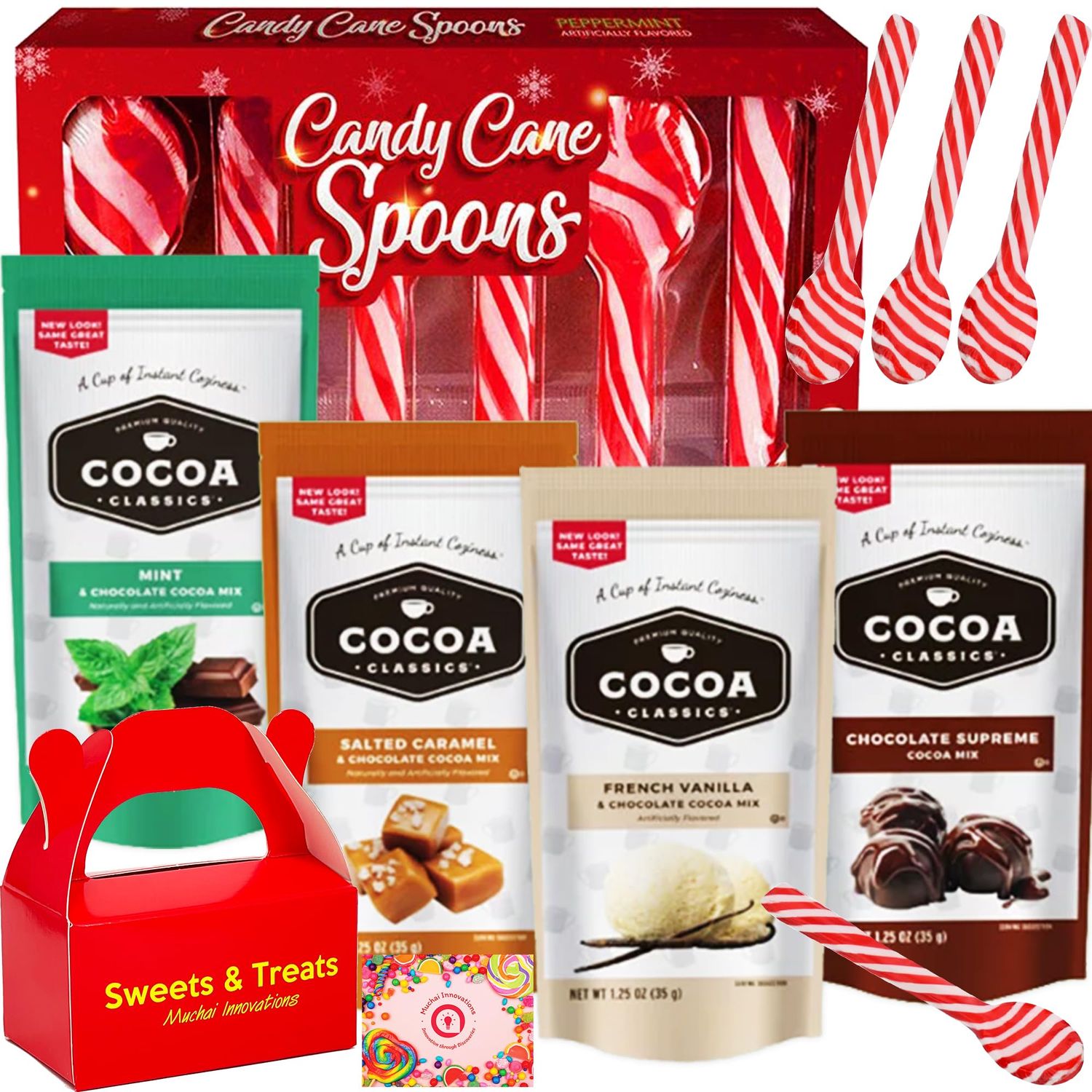 Hot Cocoa Chocolate With Marshmallow Peppermint Candy Cane Spoons Gift Set Muchai Treat Box Included Gift Him or Her 6 Peppermint Spoons 4 Hot Chocolate Variety Pack