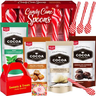Hot Cocoa Chocolate With Marshmallow Peppermint Candy Cane Spoons Gift Set Muchai Treat Box Included Gift Him or Her 6 Peppermint Spoons 4 Hot Chocolate Variety Pack
