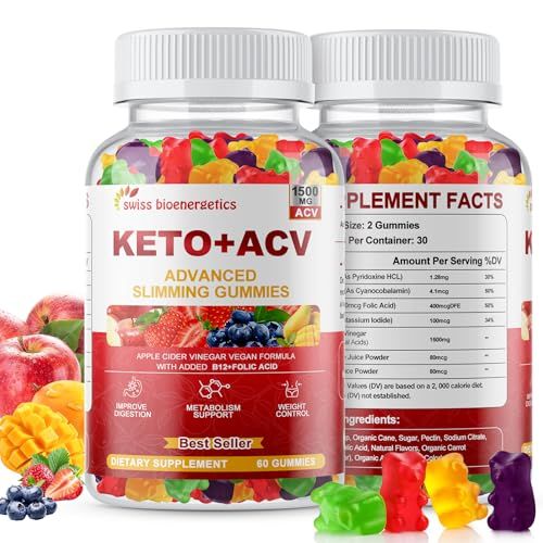 Keto Apple Cider Vinegar Gummies, Keto ACV Gummy Diet Supplement, Advanced 1500mg ACV Gummies with Folate, B12 B6 and Keto Support for Women Men, Gelatin- Free, Vegan Non-GMO Multi-Flavor