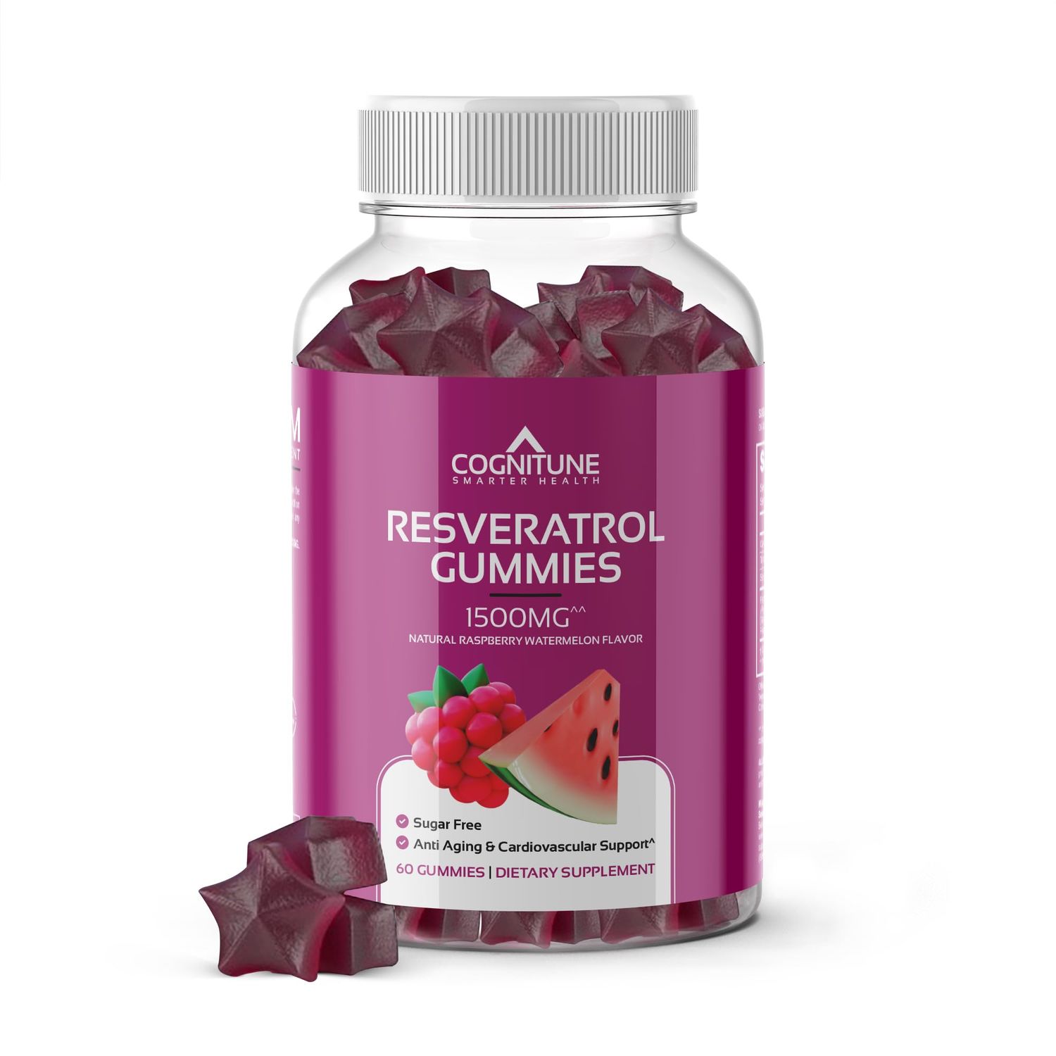 Resveratrol Gummies - Sugar Free Natural Raspberry Watermelon Flavor, 1500mg Resveratrol Supplement for Heart, Brain, Immune Support Wellness, Powerful Antioxidant with Anti-Aging Benefits