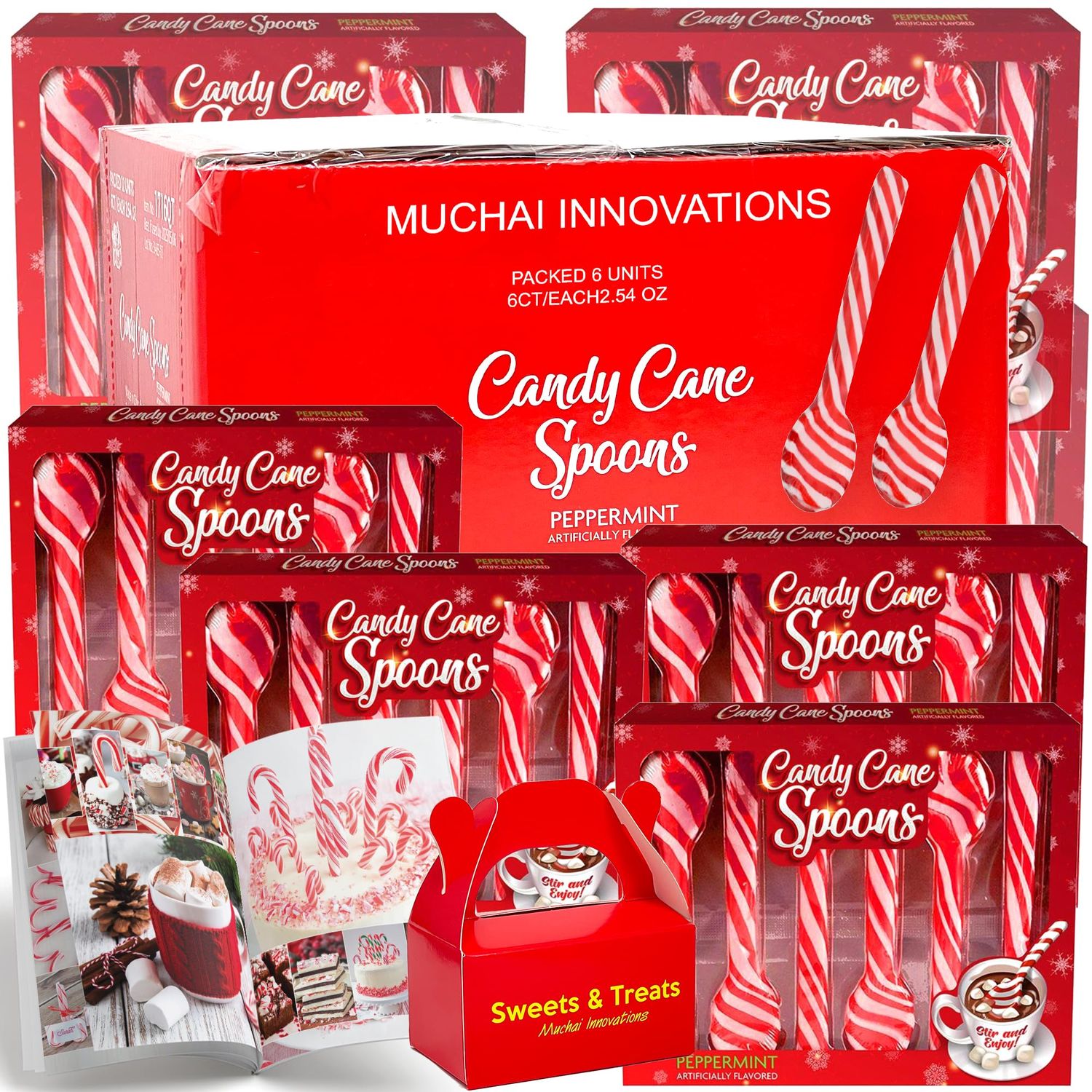 Candy Cane Peppermint Spoons Edible Stirring Beverages Hot Chocolate Cocoa Tea Coffee Cocktail Holiday Christmas Gift Muchai Treat Box Idea Booklet Included. 6 Units 6ct 36 Total Spoons
