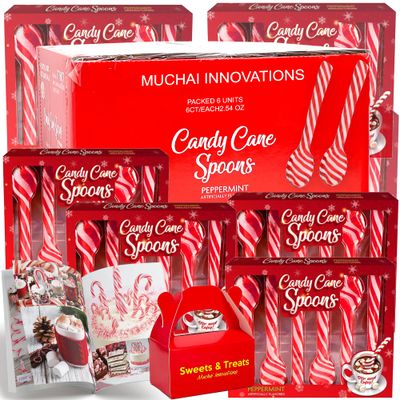 Candy Cane Peppermint Spoons Edible Stirring Beverages Hot Chocolate Cocoa Tea Coffee Cocktail Holiday Christmas Gift Muchai Treat Box Idea Booklet Included. 6 Units 6ct 36 Total Spoons