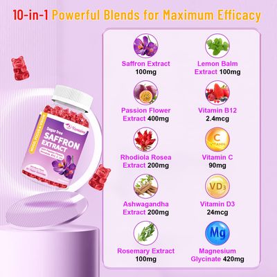 VZOXAINS 2 Pack Saffron Gummies - Sugar Free with Passion Flower, Rhodiola, Vitamin B12 and D3, Support Eye Vision, Focus, Mood and Metabolism, Wild Berry Flavor 120 Cts