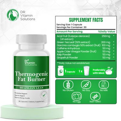 Dr Vitamins Thermogenic Fat Burner for Women and Men - Appetite Suppressant for Weight Loss - Includes Green Tea Extracts for Bloat Relief - Metabolism Booster - 30 Weight Loss Pills