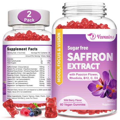 VZOXAINS 2 Pack Saffron Gummies - Sugar Free with Passion Flower, Rhodiola, Vitamin B12 and D3, Support Eye Vision, Focus, Mood and Metabolism, Wild Berry Flavor 120 Cts