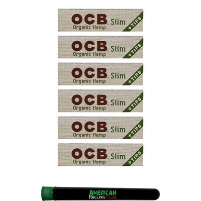 OCB Organic Cigarette Rolling Papers King Size Slim Tips 6 Pack Includes American Rolling Club Tube