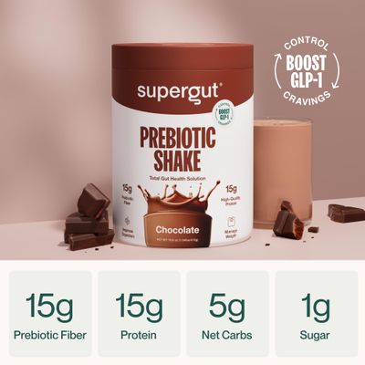 Supergut GLP-1 Boosting Prebiotic Shakes, Chocolate - Gut Healthy Meal Replacement with 15g Fiber, 15g Protein 5g Net Carbs - Keto Friendly - 8 Servings