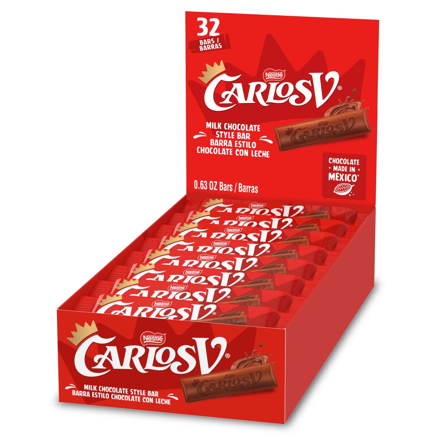 Carlos V Milk Chocolate Style Full-Size Mexican Candy Bar, Bulk Candy Box, Made in Mexico, 32 Count