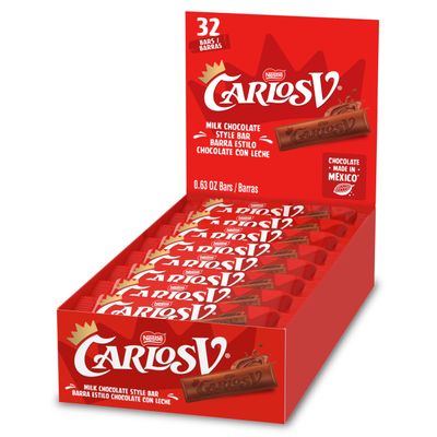 Carlos V Milk Chocolate Style Full-Size Mexican Candy Bar, Bulk Candy Box, Made in Mexico, 32 Count