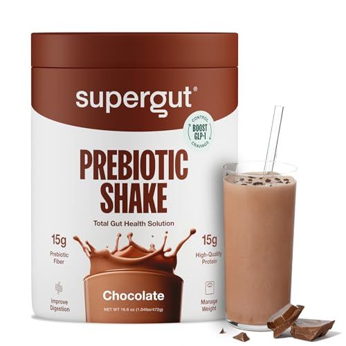 Supergut GLP-1 Boosting Prebiotic Shakes, Chocolate - Gut Healthy Meal Replacement with 15g Fiber, 15g Protein 5g Net Carbs - Keto Friendly - 8 Servings