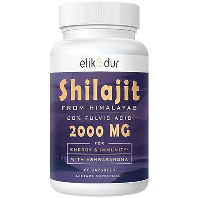 2000 MG Shilajit Supplement, Shilajit Resin Organic, Shilajit Capsules, 100 Pure Shilajit with 85 Trace Minerals 60 Fulvic Acid, Boost Energy Immunity, Vegetarian, Natural, 60 Capsules