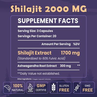 2000 MG Shilajit Supplement, Shilajit Resin Organic, Shilajit Capsules, 100 Pure Shilajit with 85 Trace Minerals 60 Fulvic Acid, Boost Energy Immunity, Vegetarian, Natural, 60 Capsules