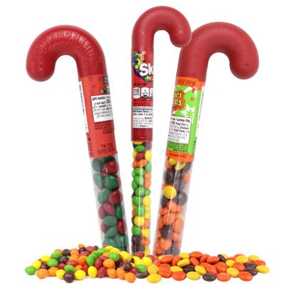Sweetzo Plastic Candy Cane Tubes Filled With Fruity Chewy, Coated Chocolate and Peanut Butter Pieces, Christmas Candies Stocking Stuffers, Pack of 3
