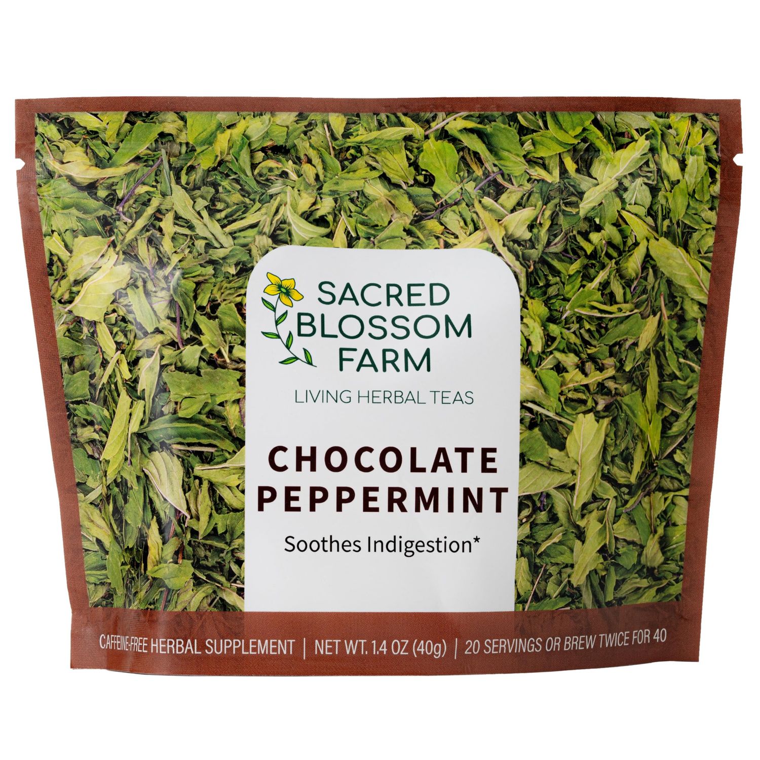 Chocolate Peppermint Herbal Tea Sacred Blossom Farm 1.7 oz. Loose Leaf Ease Digestion Headache Minimally Processed Wisconsin-Grown Medicinal Herbs Caffeine Free Handmade in USA