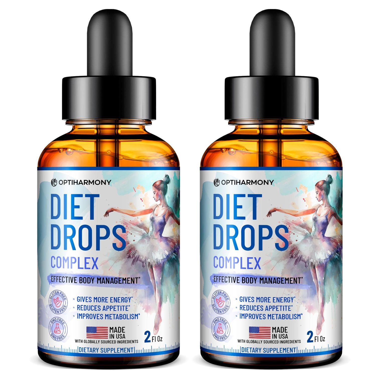 OPTIHARMONY - Pack of 2 Diet Drops - Made in USA - Appetite Suppressant for Women Men - Diet Drops with Garcinia Cambogia, L-Arginine L-Glutamine 2 floz