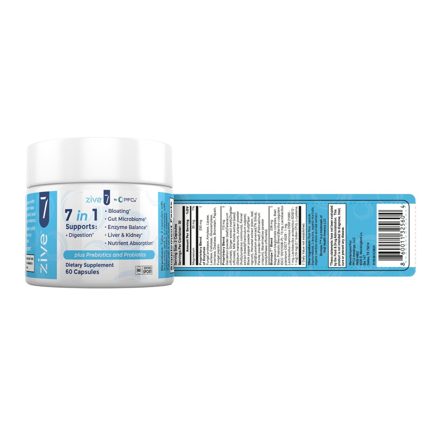 ZIVE 7 Digestive Support Formula 60 Capsules Probiotic, Fiber Blend Promotes Healthy Digestion, Gut Health Nutrient Absorption Manufactured in The USA