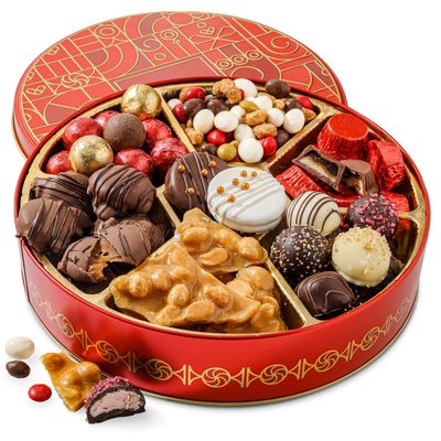BONNIE AND POP - Holiday Snack Gift Tin, Round, Modern Pattern, Assorted Treats: Belgian Truffles, Chocolate Covered Oreos, Peanut Brittle and Candy Nuts