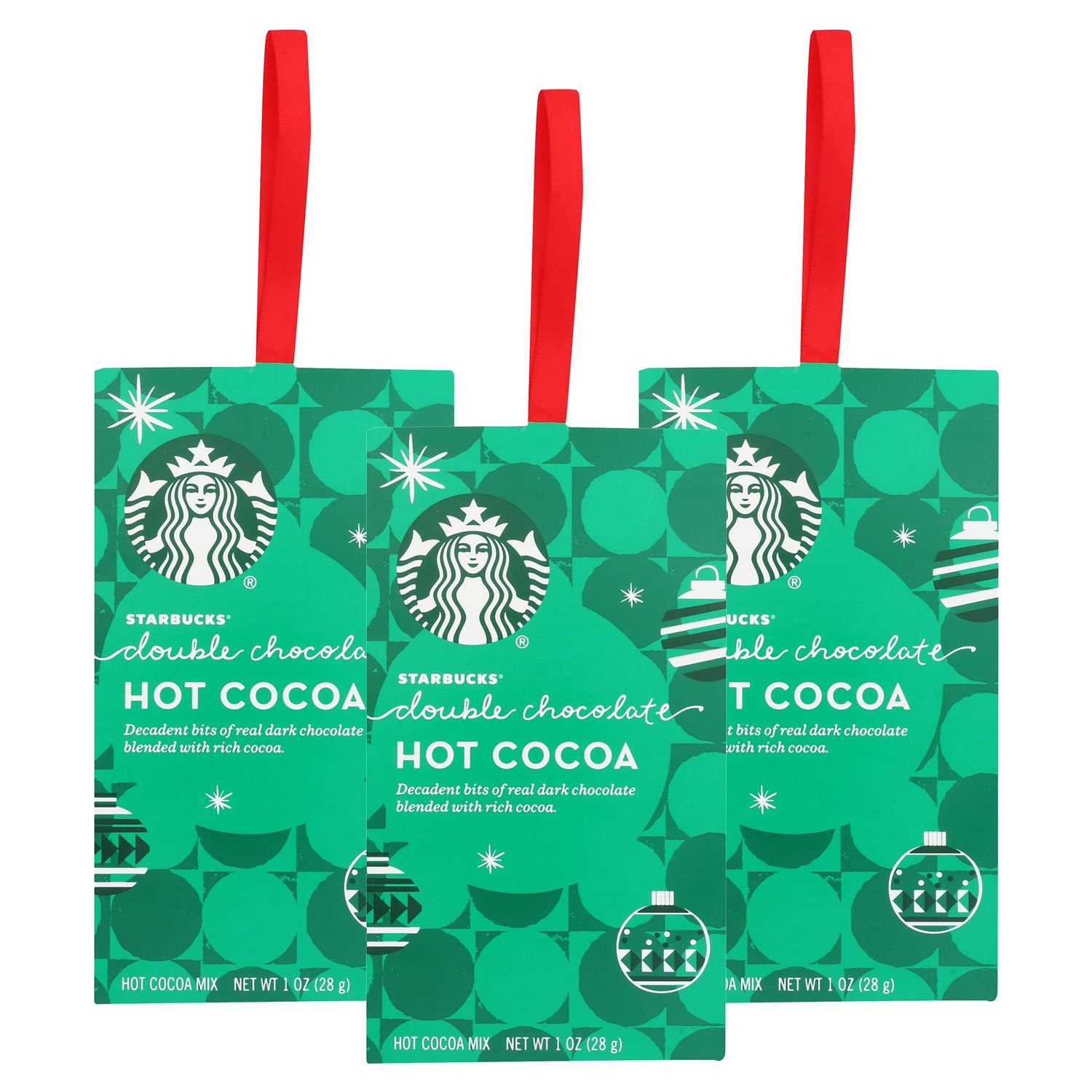Starbucks Hot Cocoa Mix Ornament, Double Chocolate Hot Cocoa, Real Dark Chocolate Rich Cocoa, Holiday Hanging Ornament Hot Cocoa Mix Packet, 1-Ounce Pack of 3