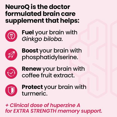 NeuroQ Memory Focus Extra Strength - Boosts Cognitive Performance Brain Function - Supports Neuroprotection Concentration - Huperzine A, Gotu Kola, Ginkgo, Coffee Fruit Propolis - 60 Capsules