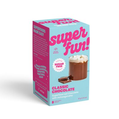 Superfun! - Classic Instant Hot Chocolate with Ashwagandha. Sugar-free Superfoods Organic Hot Cocoa Powder. 8 single serving stick packs. Instant Drink Mix with Stevia and Adaptogens.