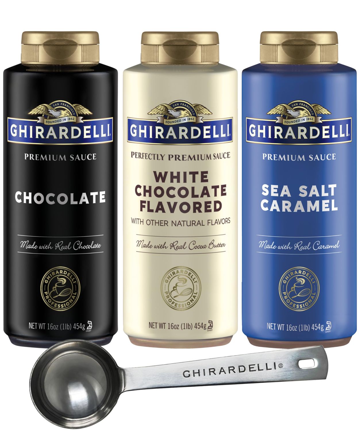 Ghirardelli Sea Salt Caramel, Chocolate and White Chocolate Flavored Sauce, 16 oz Squeeze Bottles Pack of 3 with Ghirardelli Stamped Barista Spoon