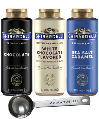 Ghirardelli Sea Salt Caramel, Chocolate and White Chocolate Flavored Sauce, 16 oz Squeeze Bottles Pack of 3 with Ghirardelli Stamped Barista Spoon