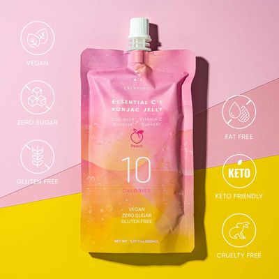 EVERYDAZE Essential Cs Konjac Jelly Peach Vegan Collagen Peptides, Gluten Free, Sugar Free, Low Calorie Healthy Drinkable Fruit Snack 10 Pack Box Food Drink Pouch